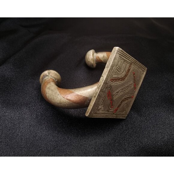 Antique African Heavy Metal Cuff Bracelet With Intricate Geometric Red & Brown - Picture 3 of 5